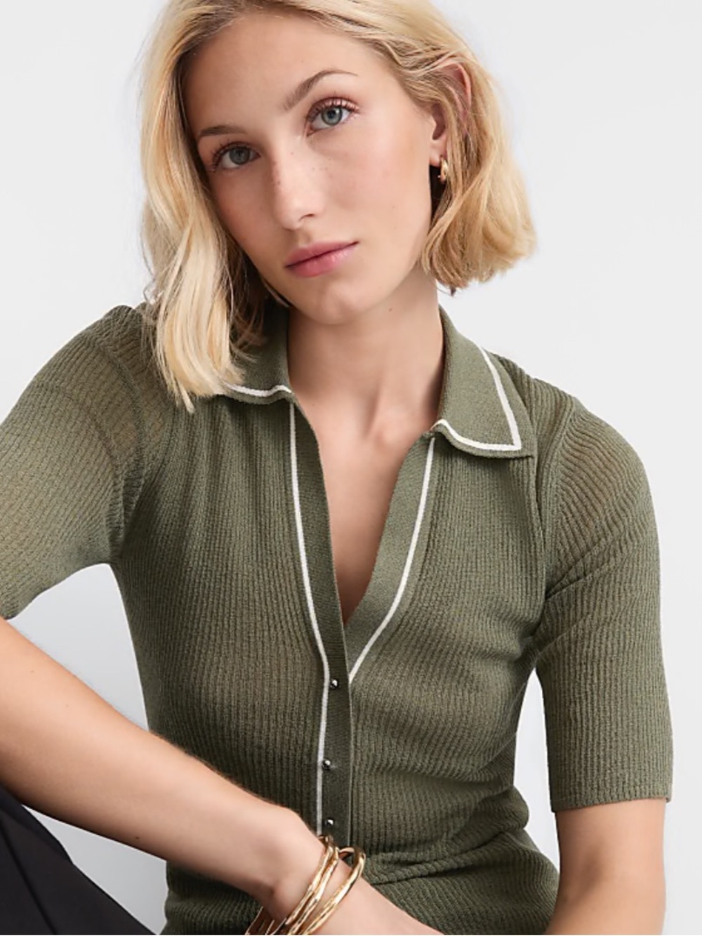 NEW! LOFT Olive Short-Sleeve Button-Front Polo w/ White Trim | Size M | NWT